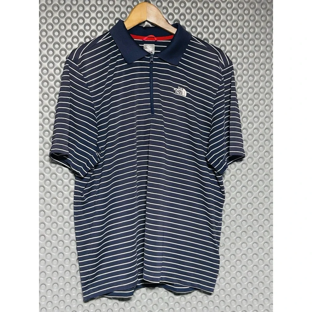 The North Face Mesh Polo Shirt Mens L Navy Blue Striped Coolmax 1/4Zip Excellent